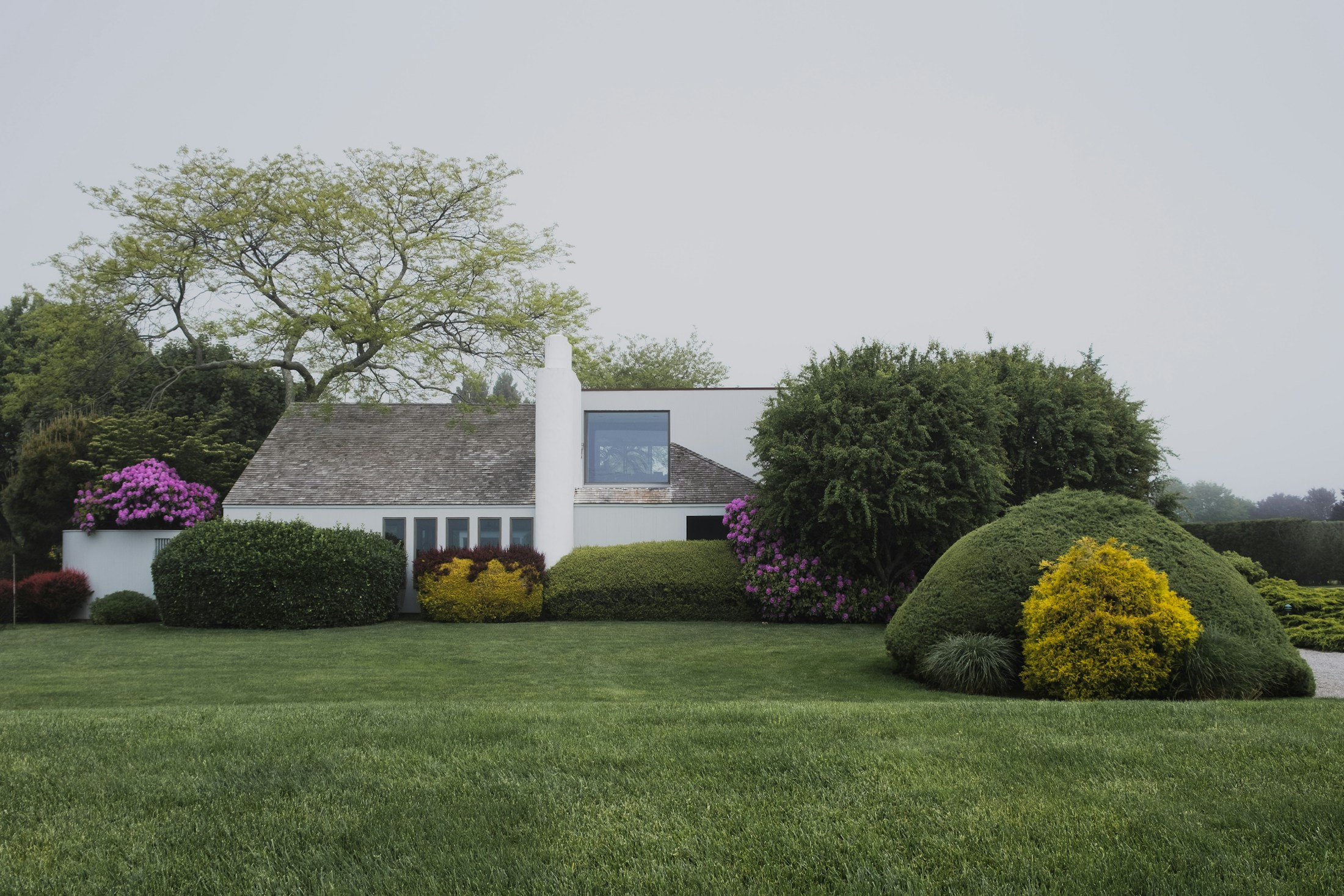 A green lawn framed by mature trees and a welcoming residential property